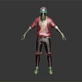 Man Wearing Red T Shirt Black Mask Gold Necklace Ripped Jeans And Sandals Standing