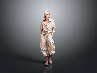 Blonde Woman in Beige Jumpsuit with Knee High Boots Standing Against Gray Background 3d model