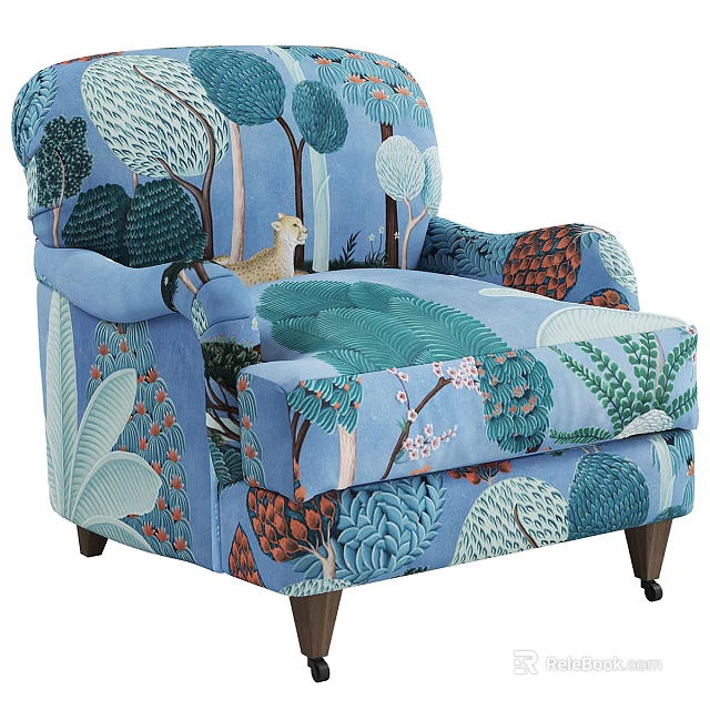 Blue Forest Patterned Upholstered Armchair With Tree Leaf Floral Motifs And Lion Design 3d model 