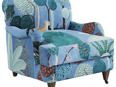 Blue Forest Patterned Upholstered Armchair With Tree Leaf Floral Motifs And Lion Design 3d model