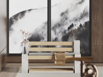 Wooden Public Chair With Stone Frame Relax Towel And Mountain Landscape Backdrop 3d model