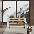 Wooden Public Chair With Stone Frame Relax Towel And Mountain Landscape Backdrop