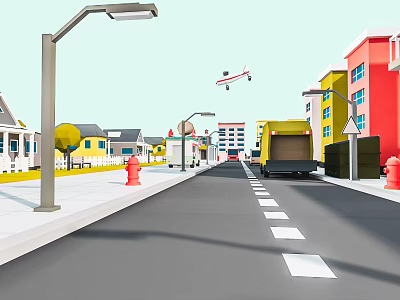 Cartoon Street Scene With Colorful Buildings Street Lamps Yellow Truck And Airplane 3d model
