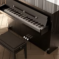 Black Piano With Matching Stool In Bright Room With Wooden Floor And Curtains