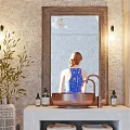 Stylish Rustic Bathroom With Freestanding Bathtub Arched Vanity And Integrated Functional Laundry Storage Space