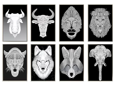 Black and White Animal Head Portraits Line Art Wall Decor Collection 3d model