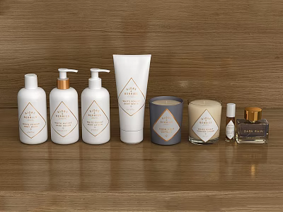 Modern Bathroom Accessories With White Bottles Gold Labels Aromatherapy Candles And Essential Oil Bottle 3d model