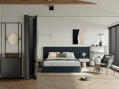 Modern Bedroom Interior With Dark Headboard Pillows Herringbone Flooring Accent Chair Blinds And Wall Art 3d model