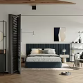 Modern Bedroom Interior With Dark Headboard Pillows Herringbone Flooring Accent Chair Blinds And Wall Art