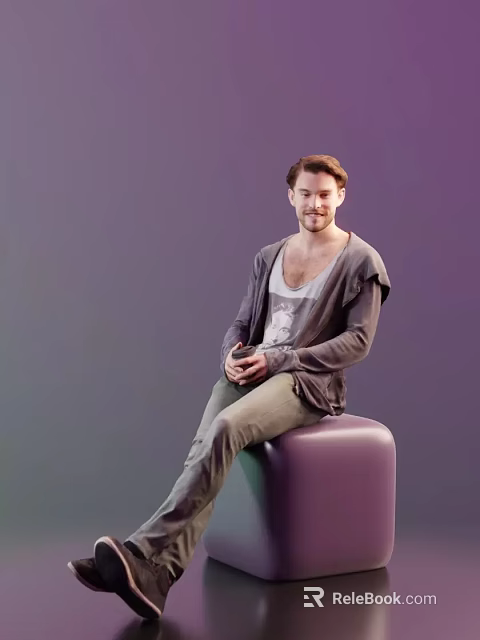 Man Sitting On Purple Stool Wearing Gray Cardigan Over White T-shirt Against Purple Gradient Background 3d model 