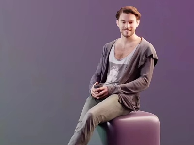 Man Sitting On Purple Stool Wearing Gray Cardigan Over White T-shirt Against Purple Gradient Background 3d model