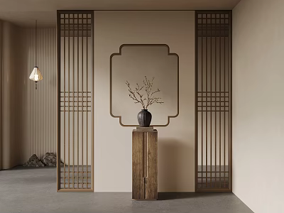 Chinese Style Interior Decor With Wooden Lattice Screens Square Frame And Vase On Pedestal 3d model