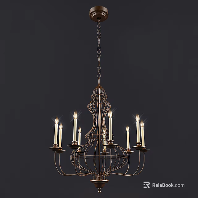 Vintage Metal Frame Chandelier With Multiple Candle Shaped Lights And Ornate Hanging Design 3d model 