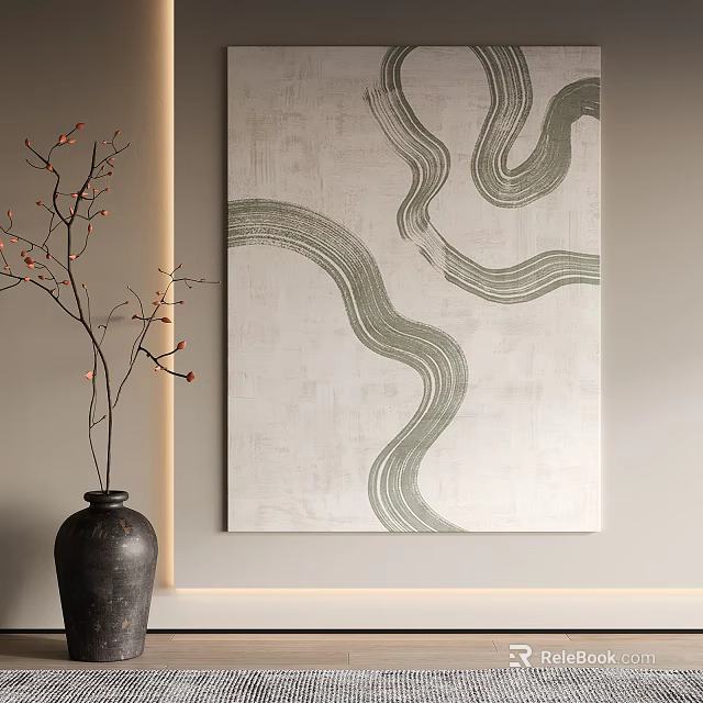 Abstract Line Art Painting With Vase And Branches In Minimalist Interior 3d model 