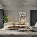 Modern Open Living Dining Area With White Sofa Coffee Table Abstract Painting And Potted Plant