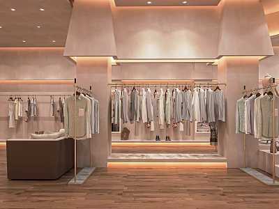 Modern Clothing Store Interior With Racks Of Hanging Clothes And Wooden Flooring 3d model