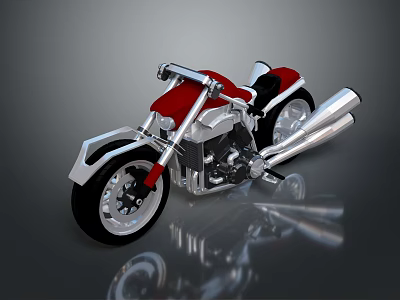Red and Silver Custom Motorcycle Featuring Chrome Exhaust Black Wheels Red Seat on Gray Background 3d model