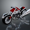 Red and Silver Custom Motorcycle Featuring Chrome Exhaust Black Wheels Red Seat on Gray Background