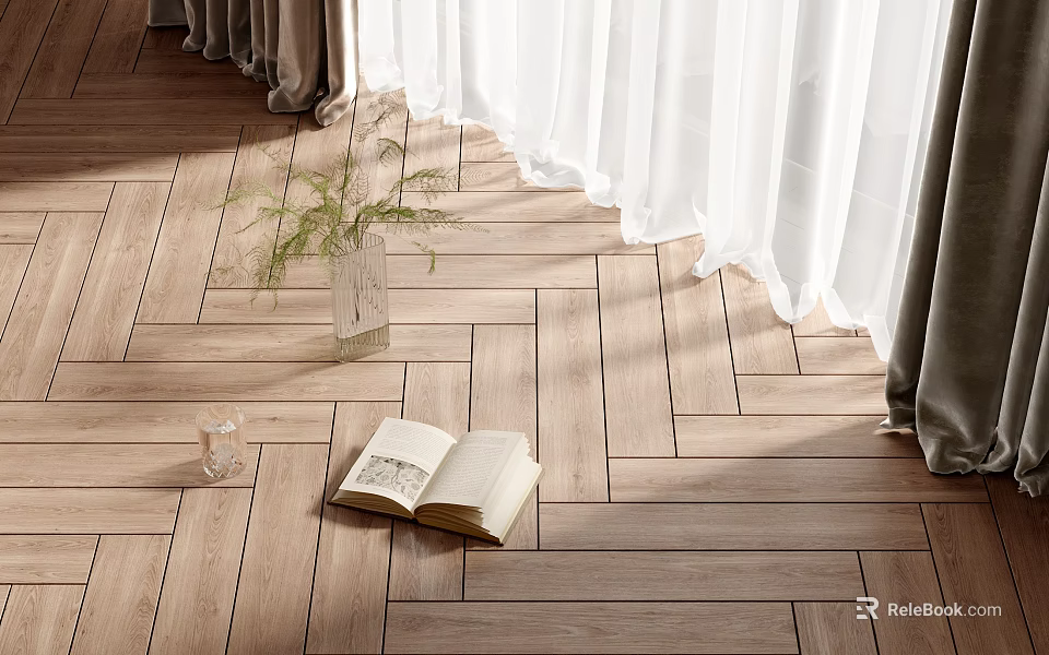 Wooden Flooring In Cozy Room With Curtains Book And Plant 3d model 