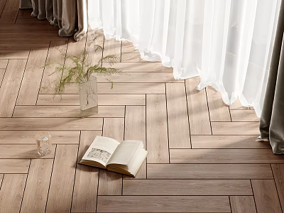 Wooden Flooring In Cozy Room With Curtains Book And Plant 3d model