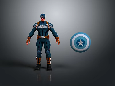 Captain America Action Figure In Blue Uniform With Red Gloves And Circular Shield 3d model