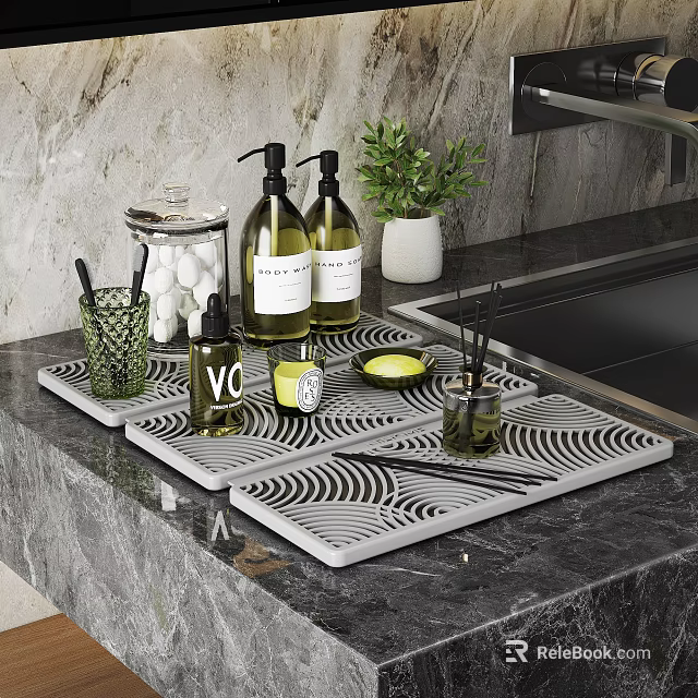 Bathroom Countertop With Wave Patterned Trays Green Bottles Cotton Swab Jar And Potted Plant 3d model 