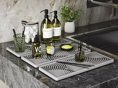 Bathroom Countertop With Wave Patterned Trays Green Bottles Cotton Swab Jar And Potted Plant 3d model