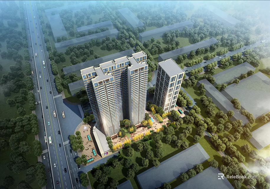 Aerial Planning of Urban High Rise Buildings With Roads Greenery and Surrounding Layout 3d model 