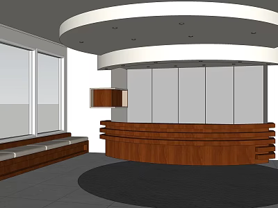 Leisure Area Interior Featuring Wooden Curved Reception Desk Circular Ceiling And Large Windows 3d model