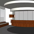 Leisure Area Interior Featuring Wooden Curved Reception Desk Circular Ceiling And Large Windows