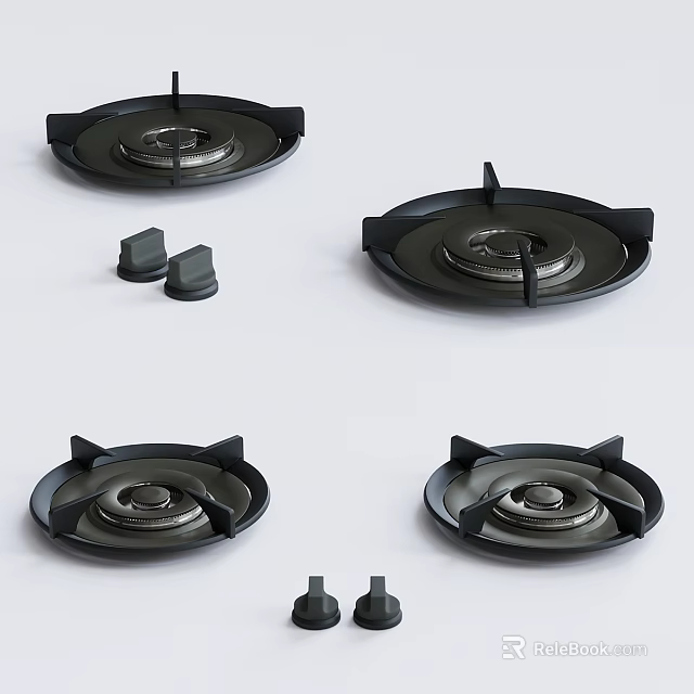 Set Of Black Gas Stove Burners With Replacement Knobs For Kitchen 3d model 