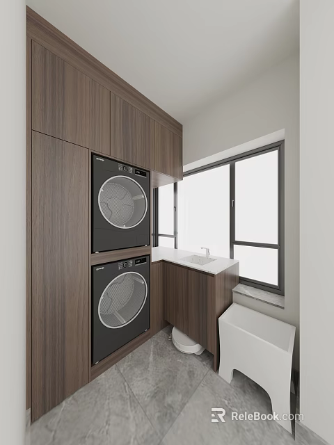 Modern Laundry Room With Wall Cabinets Stacked Washing Machines And Sink 3d model 