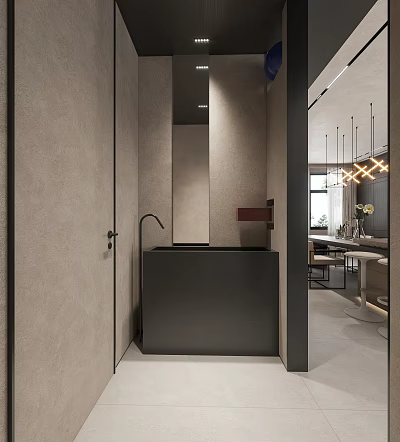 Modern Bathroom Interior With Dark Countertop Light Wall Mirror And Wall Mounted Faucet 3d model