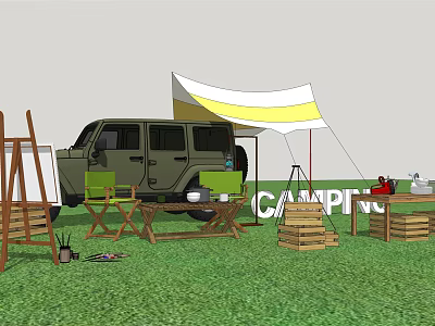Scenic Garden Landscape With Camping Tent SUV And Wooden Outdoor Furniture 3d model