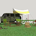 Scenic Garden Landscape With Camping Tent SUV And Wooden Outdoor Furniture