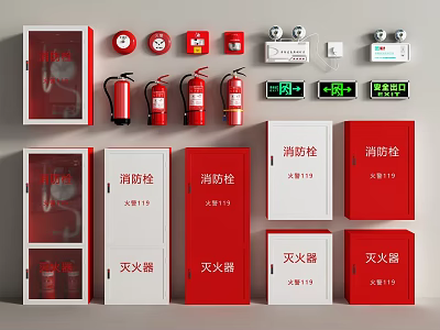 Fire Safety Equipment Collection Featuring Cabinets Extinguishers Alarms and Exit Signs 3d model
