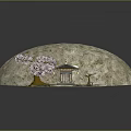 Natural Garden Scene With Large Rock Pink Cherry Blossom Tree Small Pavilion And Green Grass