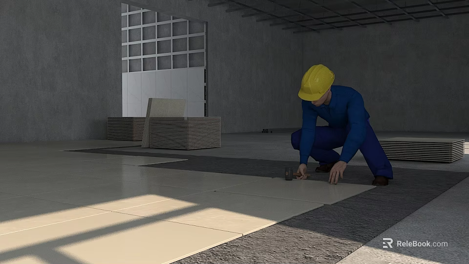Worker Laying Tiles For Small Garden Path As Decorative Garden Features 3d model 