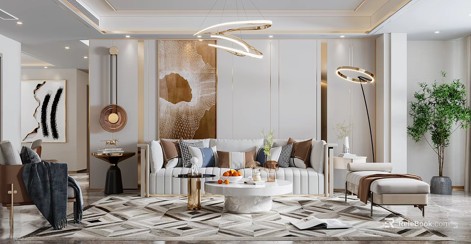 Elegant Modern Living Dining Room Interior With Sofa Pillows Coffee Table Decorative Painting And Chandelier 3d model 