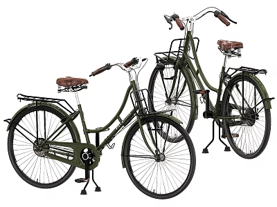 Two Vintage Green Bicycles With Brown Seats And Front Baskets 3d model