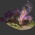 Cartoon Scenic Island Scene With Purple Roof Cottage Pink Trees And Silver Crystal Structures