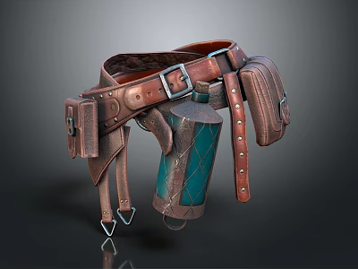 Vintage Leather Utility Belt With Holster Water Bottle And Tool Pouches 3d model
