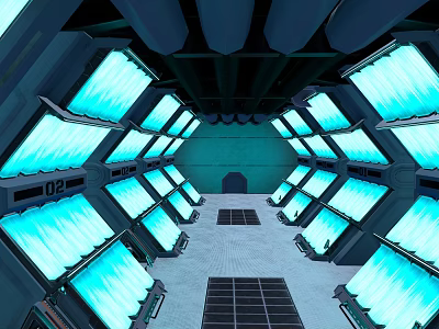 Cartoon Style Sci Fi Scene With Glowing Blue Panels Central Walkway And Ceiling Pipes 3d model