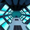 Cartoon Style Sci Fi Scene With Glowing Blue Panels Central Walkway And Ceiling Pipes