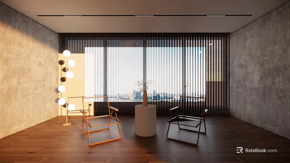 Modern Study Room With Large Windows Venetian Blinds Wooden Floors Designer Chairs And City View 3d model 