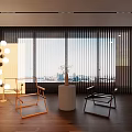 Modern Study Room With Large Windows Venetian Blinds Wooden Floors Designer Chairs And City View