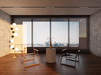 Modern Study Room With Large Windows Venetian Blinds Wooden Floors Designer Chairs And City View 3d model
