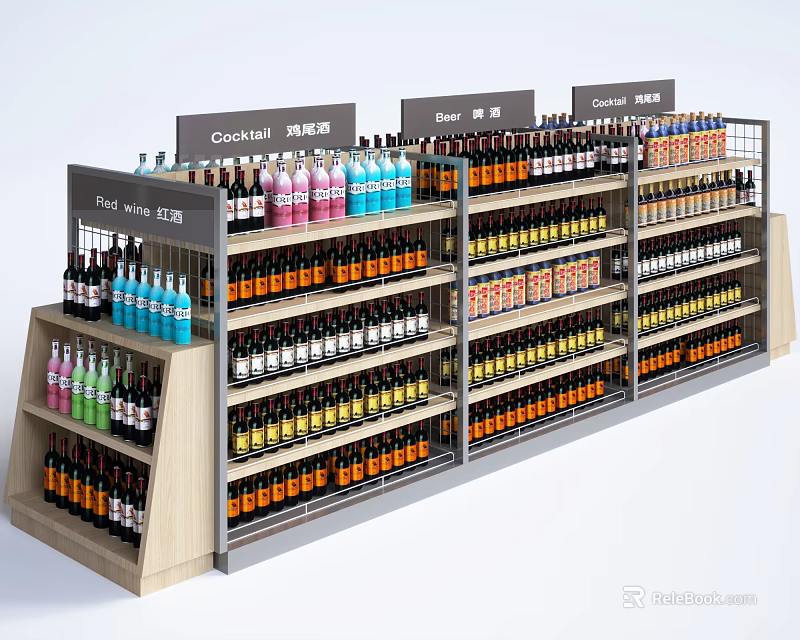 Multi Layered Retail Display Shelves Holding Assorted Colorful Bottled Drinks In Store Layout 3d model