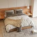 Double Bed With Wooden Headboard Gray Beige Bedding White Lamps Gray Rug And Open Book
