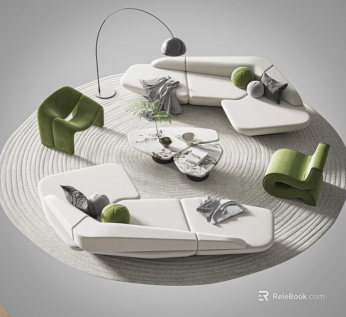 Modular White Sofa Set with Green Accent Chairs Round Rug and Coffee Table Throw Pillows 3d model 